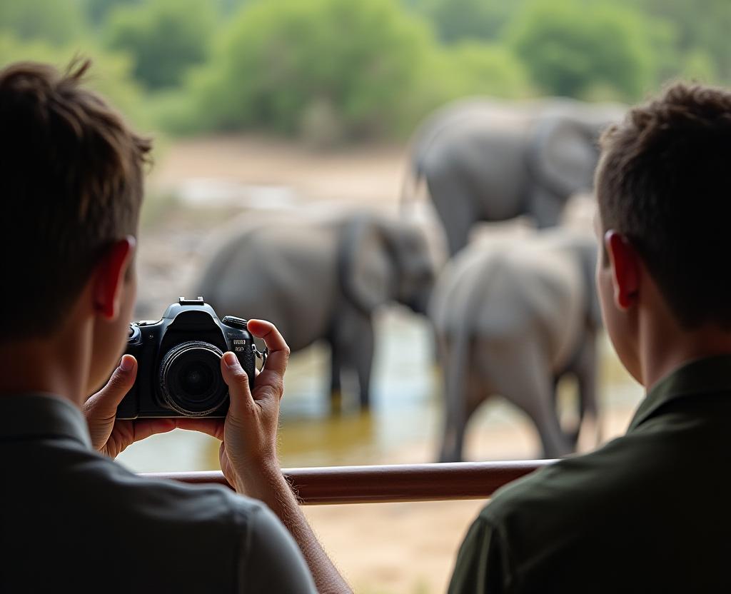 Photographers tracking a lion in the grass